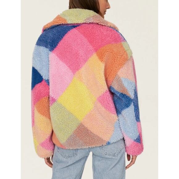 BLANKNYC Women’s L Colorblock Sherpa Teddy Jacket Rainbow Patchwork Oversized - Picture 4 of 10